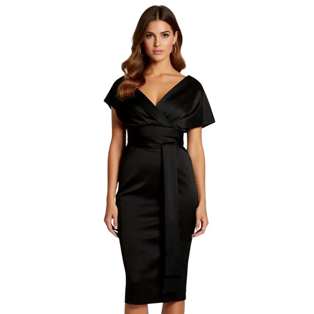 ASOS DESIGN Black Off Shoulder Tie Waist Wrap Front Midi Dress UK 10 US 6